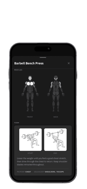 Barbell Bench Press form sheet with muscle diagram and technique illustration